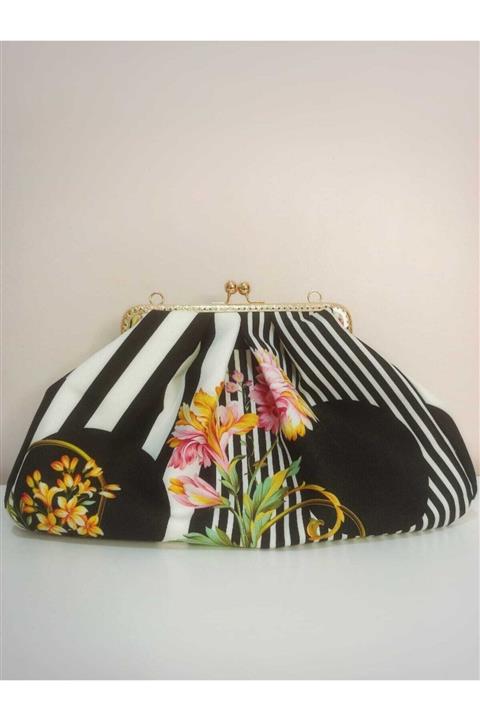 ASLIACAR Abiye & Günlük Geometrik Ve Çiçekli Desenli Kumaş Çanta