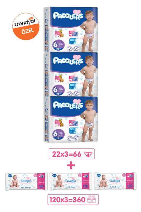 Paddlers Bebek Bezi 6 Numara X-large 66 Adet (15+kg) + 3x120 Islak Havlu