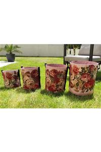 Market66 Goblen Dokuma Saksı Çiçek Desenli Resimli Kumaş 4lü Set Yarı Geçirgen Nefes Alan Doku