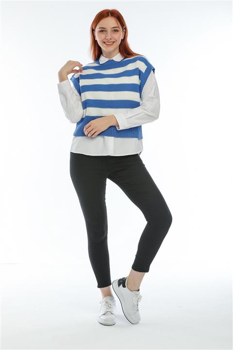 PegaButik Mavi Beyaz Çizgili Kısa Triko Süveter