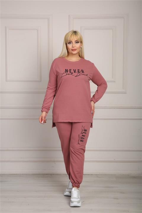 ModaSehle Kadın Pembe Büyük Beden Never Yazılı Eşofman Takım