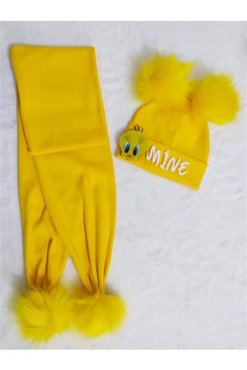 damlakids Kız Çocuk Sarı Ponponlu Aksesuarlı Atkı Bere Takımı