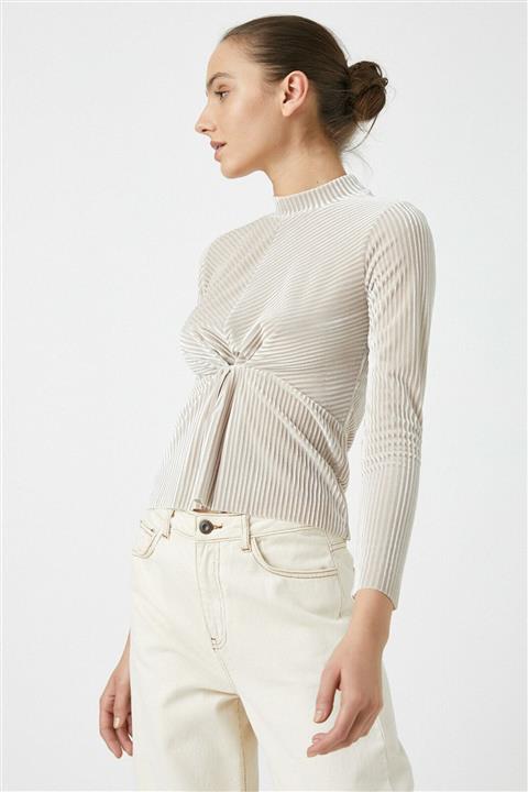 Koton Kadın Ekru Balikçi Yaka Kadife Uzun Kollu Tisört 1KAK13241EK