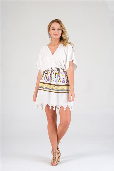 Arven Kadın Beyaz Beli Lastikli Pareo Tunik