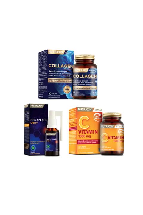 Nutraxin Hidrolize Kolajen Takviyesi 1050 Mg 30 Tablet + Propolis Boğaz Spreyi 30 Ml+c Vitamini 30 Tablet