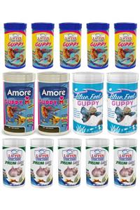 AMORE Guppy Mix Granules 2x250 Ml + Bluefeel Guppy 2x250 Ml + Lotus Tropical Seti 10x100 Ml Kutu