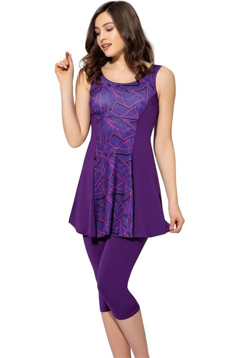 Argisa Mor Büyük Beden Desenli Parçalı Taytlı Elbise Mayo 6515