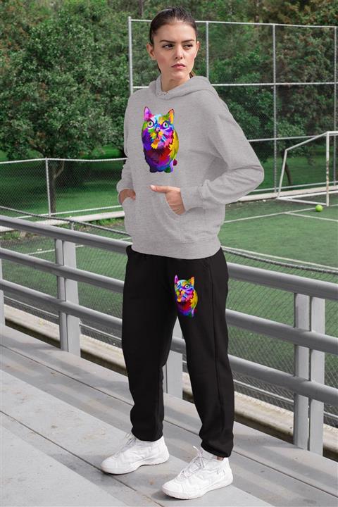 Angemiel Wear Curious Cat Kadın Eşofman Takımı Gri Kapşonlu Sweatshirt Siyah Eşofman Altı