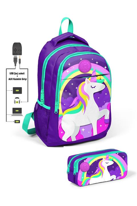 Coral High Kids Mor Unicornlu Üç Bölmeli Usb Şarjlı Kulaklık Çıkışlı 2'li Çanta Seti