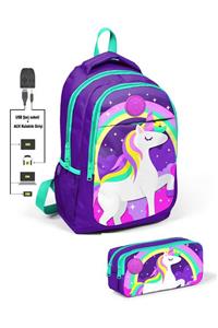 Coral High Kids Mor Unicornlu Üç Bölmeli Usb Şarjlı Kulaklık Çıkışlı 2'li Çanta Seti