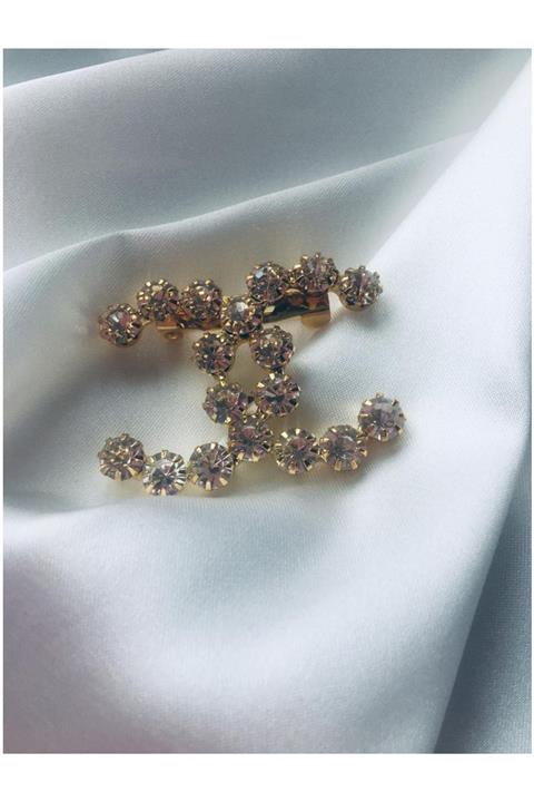 Serline Desing Kadın Ithal Gold Rengi Chanel Model Zirkontaşlı Tasarım Broş