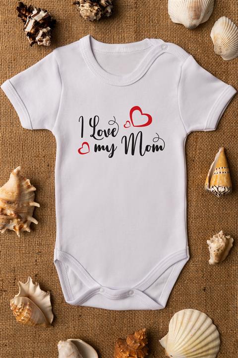 Overoz I Love My Mom Organik Baskılı Bebek Body %100 Pamuklu Beyaz Çıtçıtlı Body Zıbın 5114