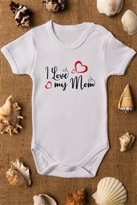 Overoz I Love My Mom Organik Baskılı Bebek Body %100 Pamuklu Beyaz Çıtçıtlı Body Zıbın 5114