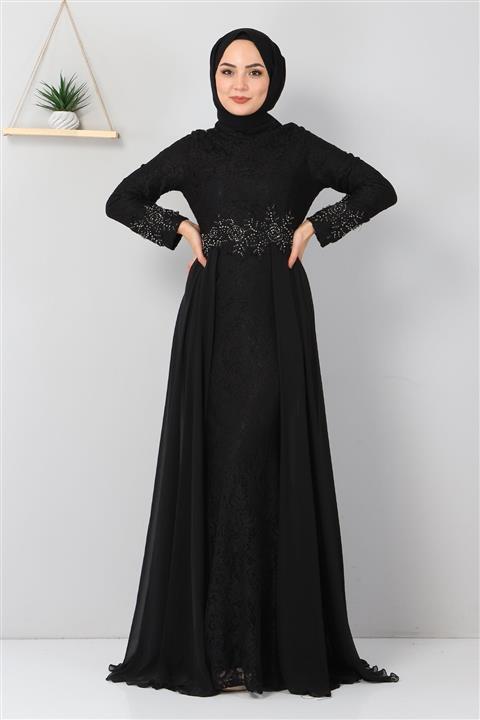 Modamihram Taş Detaylı Balık Abiye Siyah