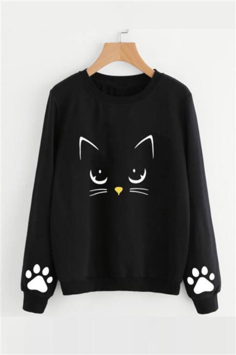 MODAGEN Kadın Oversize Siyah Meov Kedi Baskılı Sweatshirt
