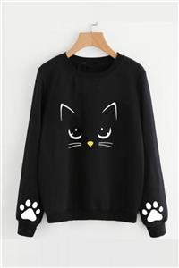 MODAGEN Kadın Oversize Siyah Meov Kedi Baskılı Sweatshirt