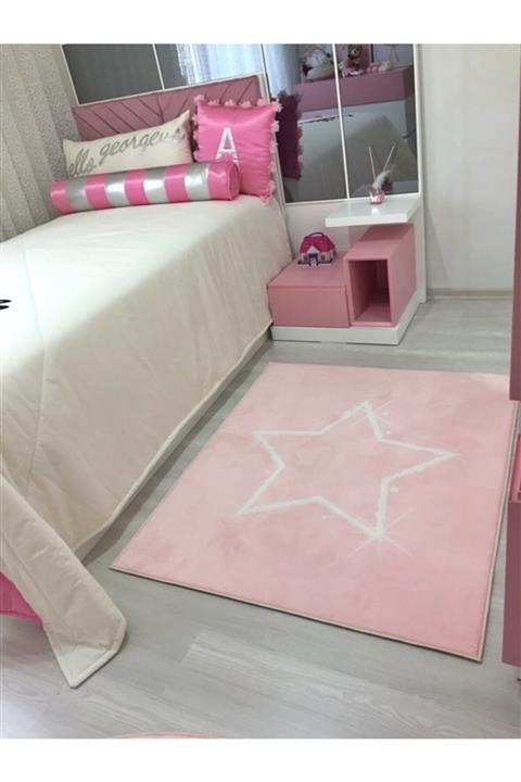 HalıVagonu Pembe Beyaz Yıldızlı Çocuk Halısı