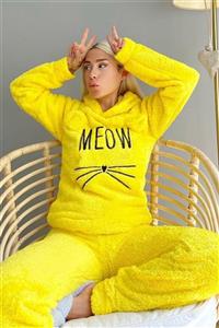 giyimsepeti Sarı Meow Desenli Tam Peluş Pijama Takımı