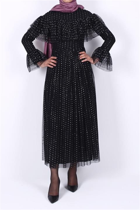 Tuay Işıltılı Tüllü Abiye Elbise - Siyah