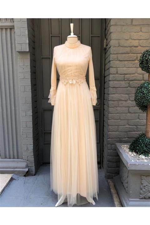 İyem Tesettür Tüllü Ve Işlemeli Tesettür Abiye - Gold