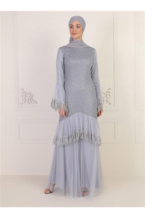 Mwedding Kadın Gri Güpür Detaylı Abiye Elbise