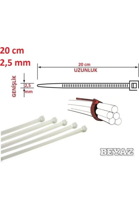 Pemsan (100 ADET) 20cm X 2,5mm Plastik Cırt Kelepçe ( Kablo Bağı ) Saydam-beyaz