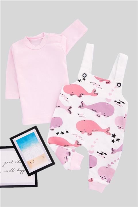 ModaCity Kız Bebek Pembe Sevimli Balinalar Figürlü  Salopet Tulum