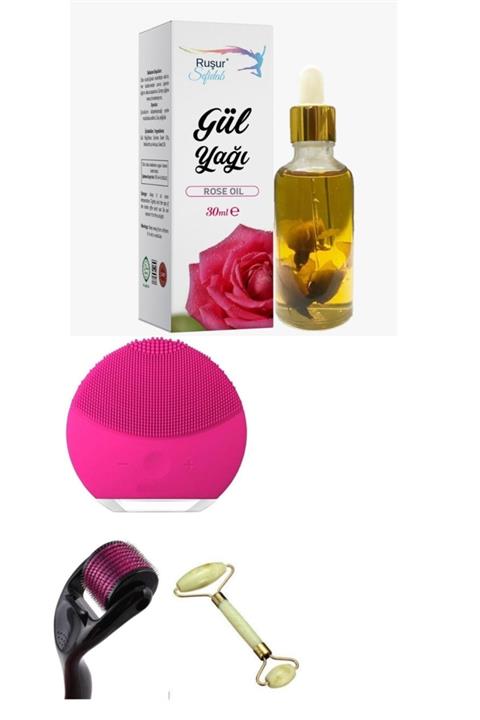 Ruşur Sefidab Gül Yağı+forever Yüz Temizleme Aleti+dermaroller 540 Iğneli +2'li Yeşim Taşı Masaj Aleti