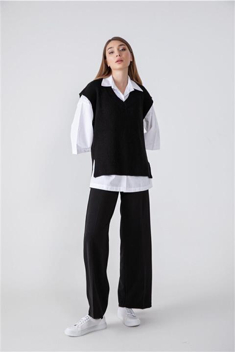 GREYWORK V Yaka Siyah Yırtmaçlı Triko Süveter