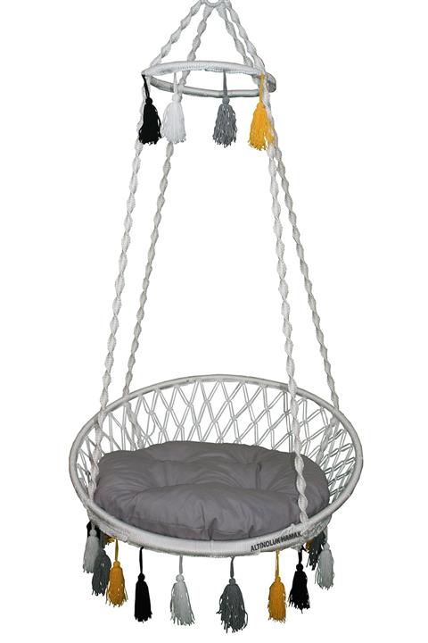 ALTINOLUK HAMAK Renkli Püsküllü Relaks Lüks Salıncak Beyaz Gri Minderli