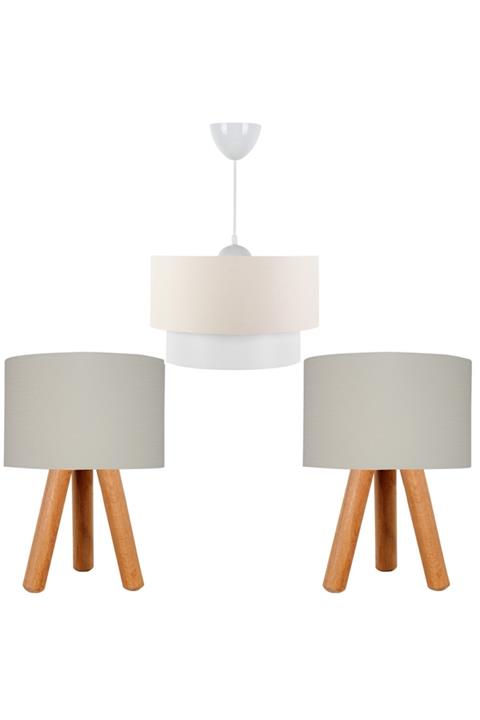 EvLight Üçlü Abajur Avize Seti 3 Ayaklı Abajur Masa Lambası Krem