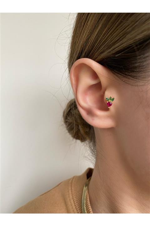 Okkostore Kadın Gold 925 Ayar Gümüş Çilek Tragus Piercing Kıkırdak