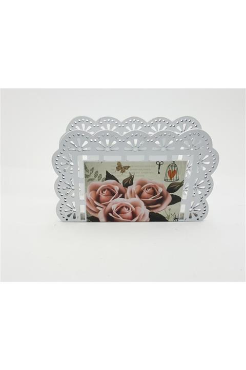 çilekev 2'li Pembe Gül Desenli Beyaz Ahşap Peçetelik 16x4,5x10 Cm