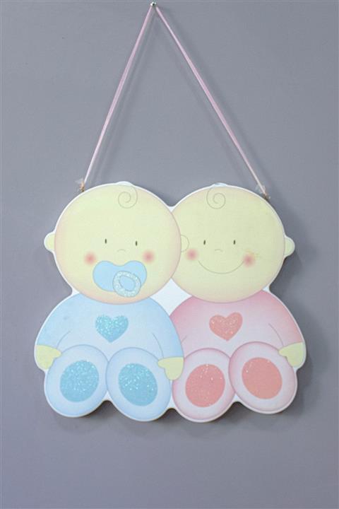 KONFETİ SÜS Kapı Süsü Bebek Odası Duvar Süsü, Ikiz Bebek Figürlü Ahşap Pano