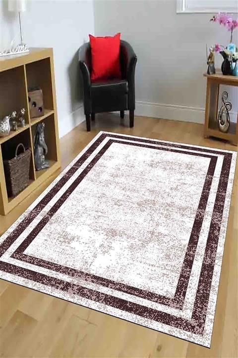 SUNTEKS HOME Dijital Baskı Kaymaz Taban Kahve Çerçeve Eskitme Yolluk Halı