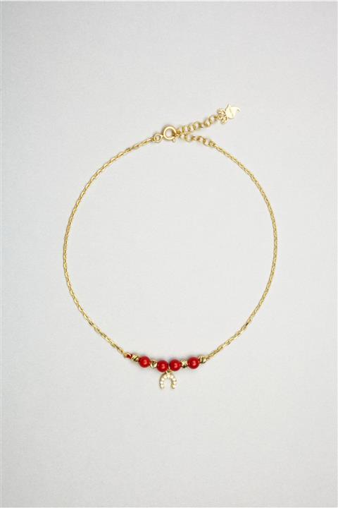 So CHIC... Şans Sembollü 18 Ayar Sarı Altın Kaplama Mercan Taşlı 25 Cm Gümüş Halhal