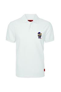 John Frank Erkek Beyaz Nakışlı Polo Yaka T-shirt