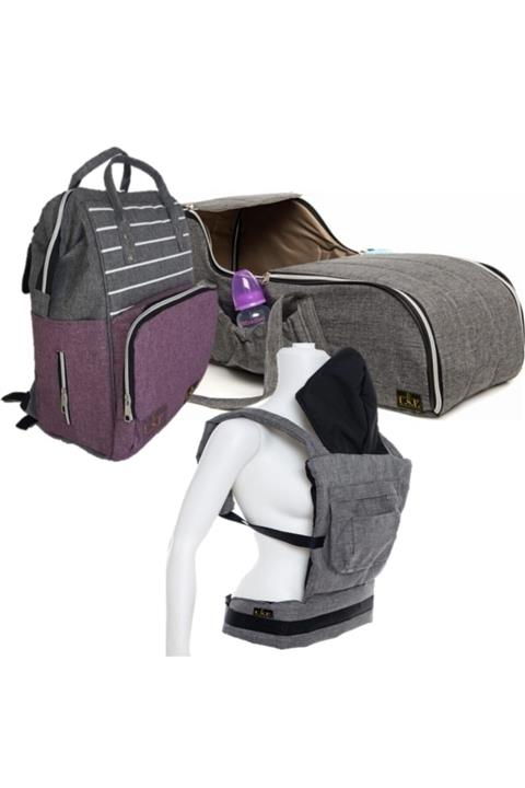 USF Portbebe Ana Kucağı Bebek Taşıma Kanguru Bebek Bakım Çantası 3 Lü Set Çizgili Gri Mor