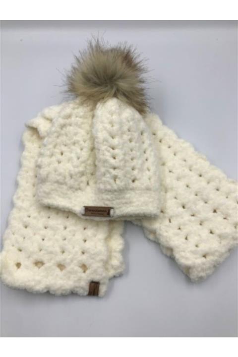 Ariestasarım Krem 6 Aylık Bebek Atkı Bere Takımı