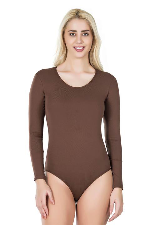 Derya Kurşun Bisiklet Yaka Uzun Kol Çıtçıtlı Kadın Body 321 - Kahverengi, L