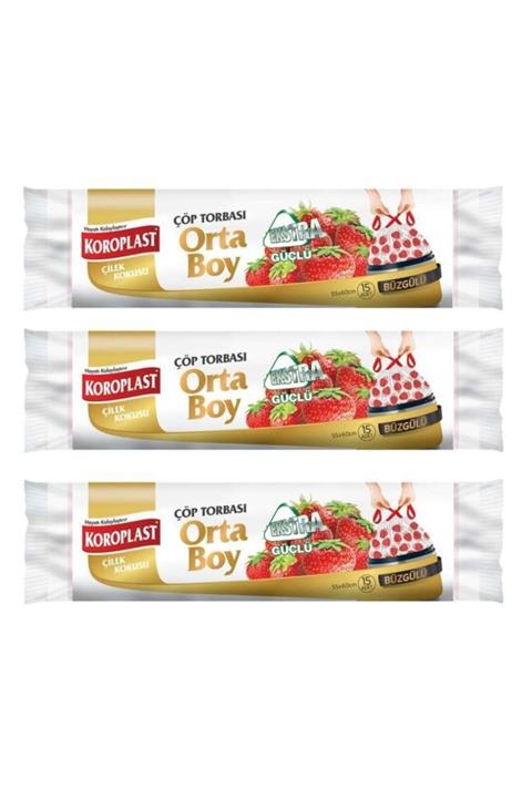 Koroplast Ekstra Güçlü Çilek Büzgülü Orta Boy 15li Çöp Torbası X3 Paket
