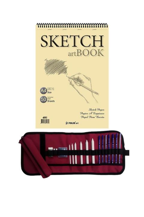 satrik Rulo Kalemlik Eskiz Çizim Seti A4 Eskiz Defterli Dereceli Kalem Pastel Dağıtma Hamur Silgi Ultra
