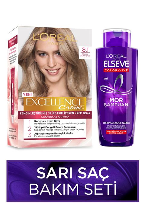 ELSEVE Excellence Creme 8.1 + Elseve Turunculaşma Karşıtı Mor Şampuan 200 ml