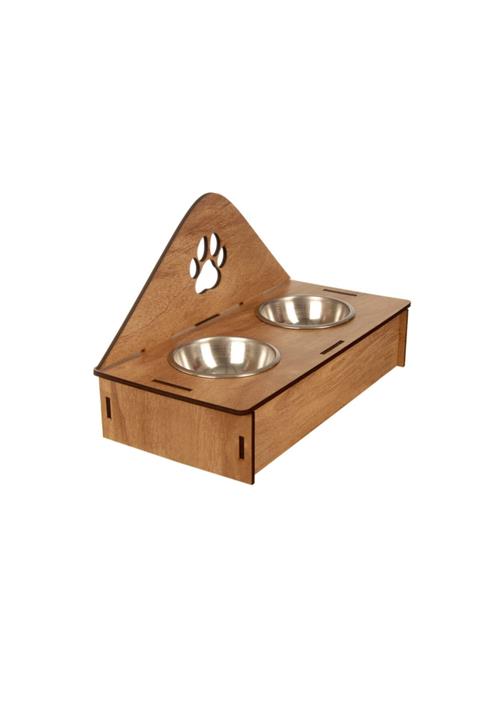 PetPro Çelik Kaseli Ahşap Pati Desenli Kedi Köpek Mama Ve Su Kabı