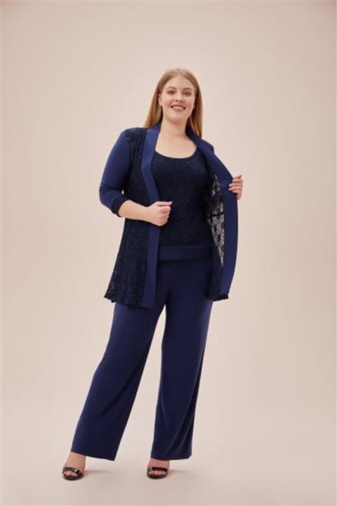 Oleg Cassini Lacivert Dantel Detaylı Şifon Büyük Beden Pantolon Ceket Takım