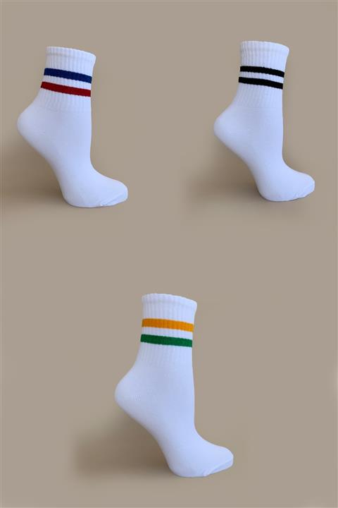 Hippo 3lü Kısa Beyaz Çizgili Çorap Seti Unisex Kolej Çorap