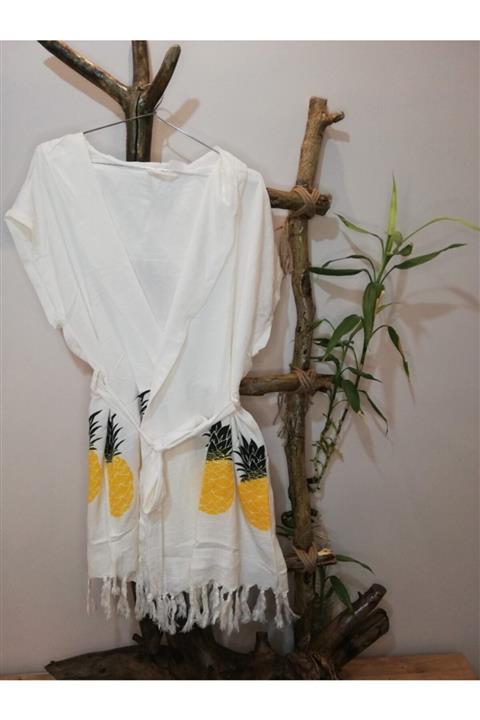 Mynova Textile Turuncu Ananas Desenli Şapkalı Plaj Bornozu