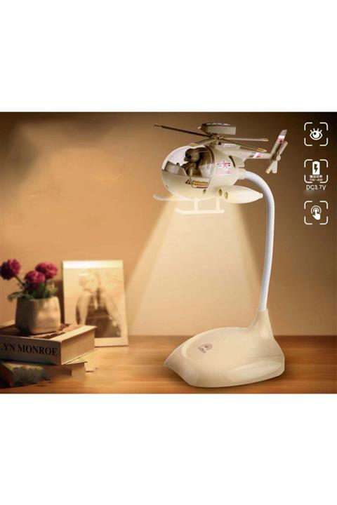 Famelya Helikopter Şarjlı Gece Masa Lambası Dokunmatik 3 Farklı Led Işıklı Krem