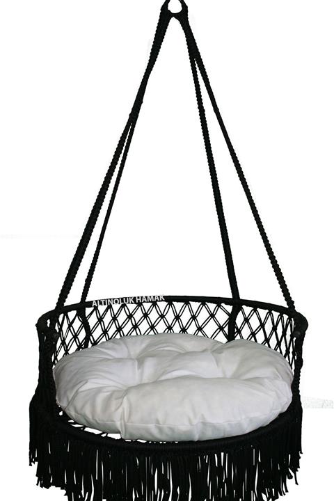 ALTINOLUK HAMAK 80'lık Püsküllü Davul Salıncak Siyah ( Beyaz Minderli)