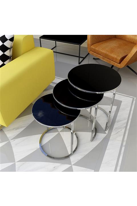 ADKPİETRO Adk2009 3'lü Zigon Sehpa Krom-siyah Cam